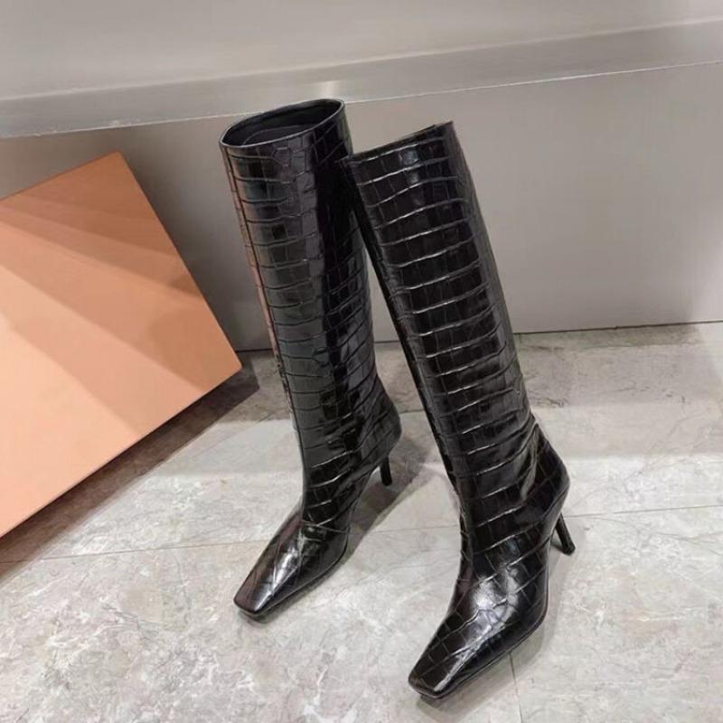 Fashion Stone Pattern Cowhide Black Apricot Knee High Boots Women Autumn Winter Low Heels Square Toe Long Boots Retro Size 34-44 Shoes
