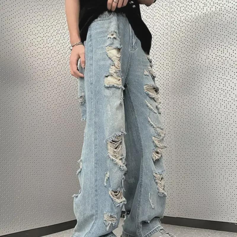 Retro High-Waist Distressed Wide-Leg Jeans