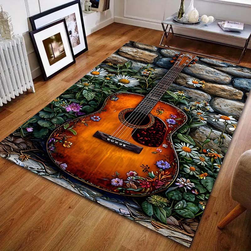 Daisies and Guitar Pattern Carpet for Bedroom Living Room Bedside Sofa Floor Mat Modern Home Decor Area Rug for Gifts