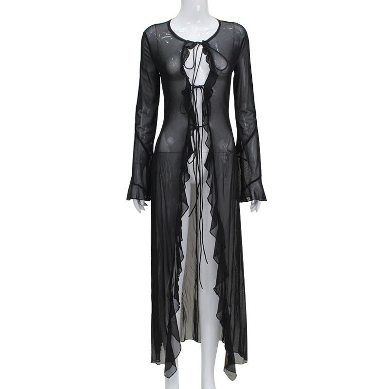 Sexy Stil Damen Mesh Spitze Halber Cardigan Langärmlig Holzohr Kante Perspektive Modekleid