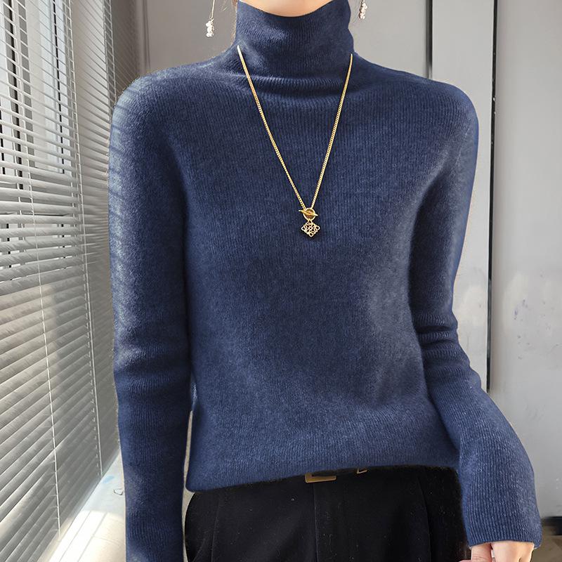 Damen Slim Fit Rollkragen Strickpullover - Langarm, Hoher Kragen, Herbst/Winter XXL navy blau