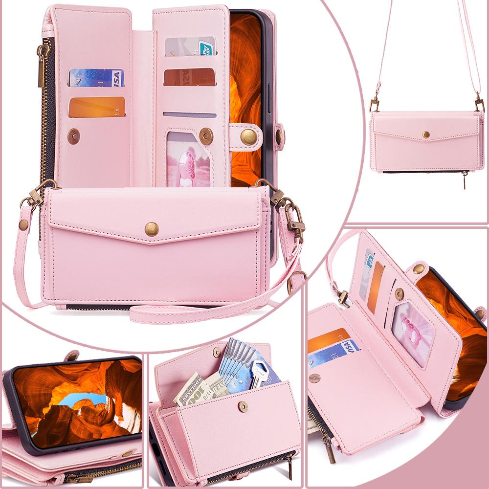 For TCL 505 Case Card Holder Zipper Wallet Folding Stand Leather Phone Cover with 2 Straps