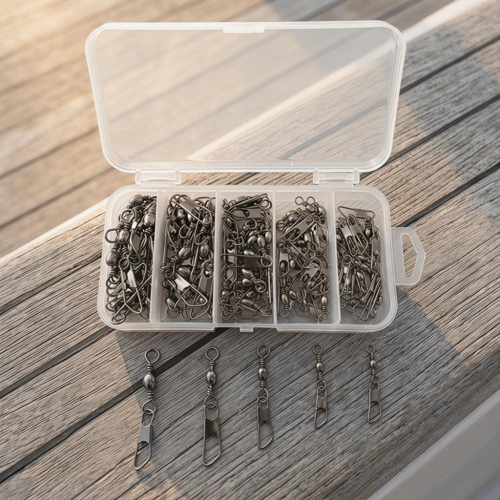 160PCS High Strength Fishing Snap Swivel with Safety Snap Rolling Barrel Swivel  Saltwater Fishing