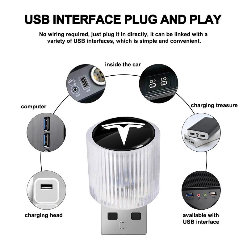 1Pcs USB Car LED Light Auto Interior Atmosphere Light Car Emblem Styling For Tesla Model 3 Model X S 2016-2023 Model Y Decals TM3 TMX
