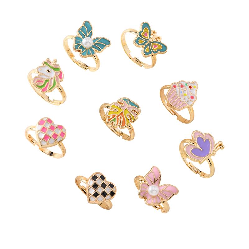 6/9/12/36pcs Cute Adjustable Rings Children Girls Pretend Play Makeup Toys Cartoon Crystal Jewelry Alloy Animal Enamel Rings