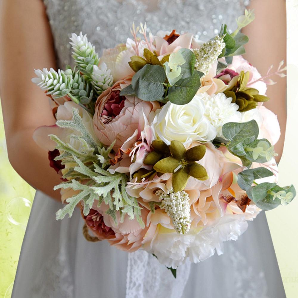 Practical-Artificial Peony Rose Flower Bouquet For Bride Bridesmaid Handmade Wedding Bouquet Silk Bridal Bouquet Holding Flower