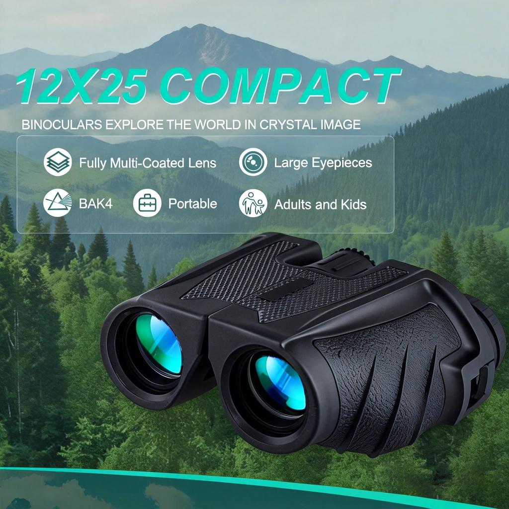 12x25 Compact Outdoor Binoculars Adults Kids Large Eyepiece Low Light Vision Easy Focus Portable Design Travel Sightseeing BAK4