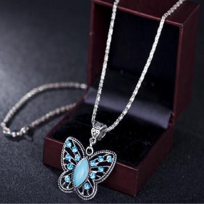 Retro Türkis Schmetterling Anhänger Halskette - Böhmische Mode Pulloverkette
