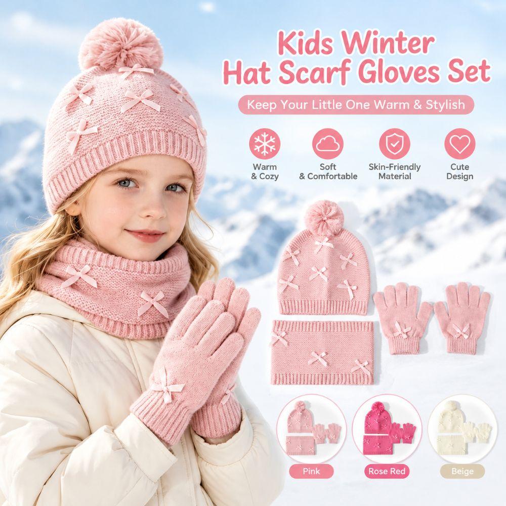 3pcs Keep Warm Knit Hat Scarf Gloves Set With Bow Neck Warmer Soft Kids 3-Piece Kit 1-6Y