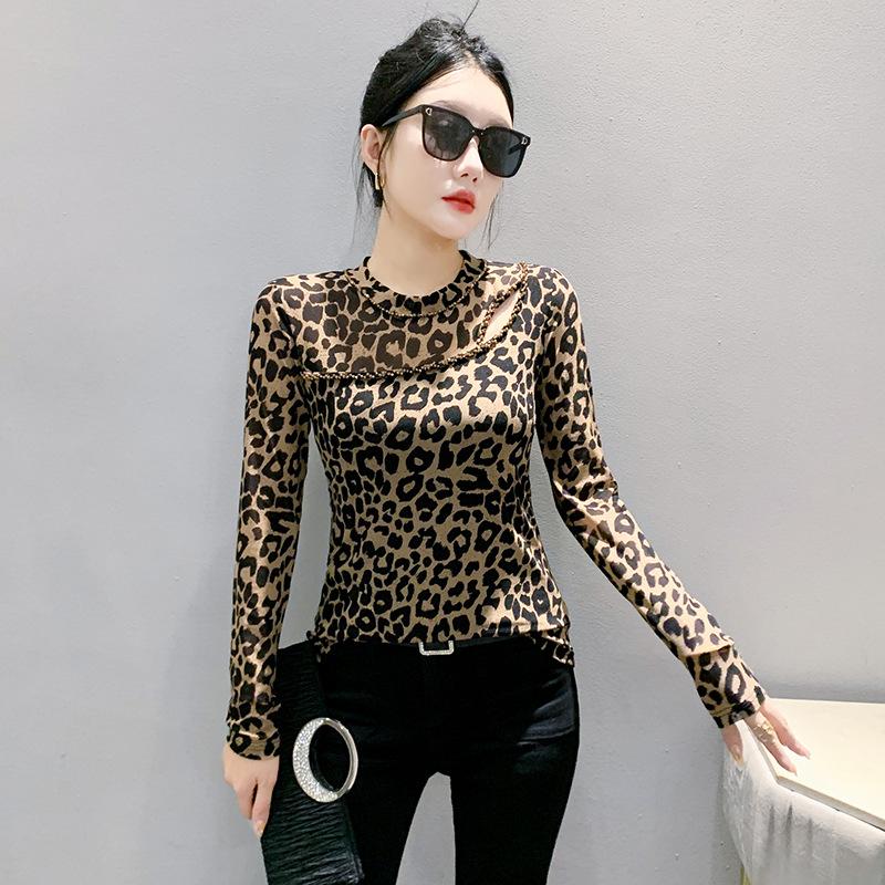 

Теплая сетчатая футболка с леопардовым принтом для женщин с тонкой основой, зимняя новая круглая горловина с длинными рукавами и ажурным топом 3XL