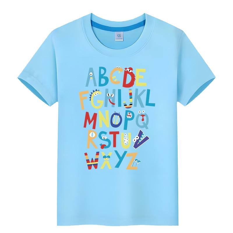 

Детские футболки с алфавитом Lore, топы с героями мультфильмов из 100% хлопка, одежда для мальчиков y2k, одежда для девочек, цельная футболка для детей, мальчиков 10 лет 120 светло-синий