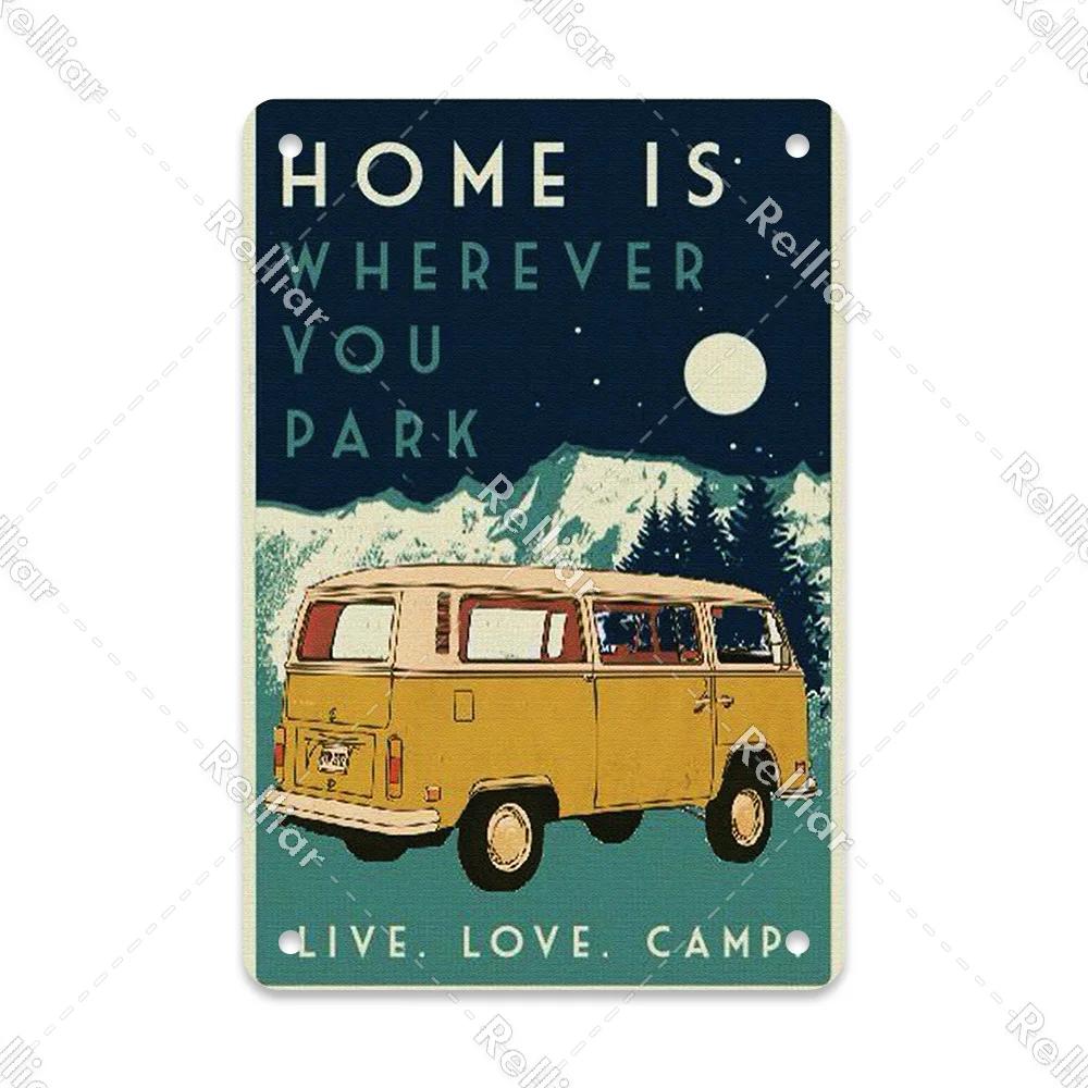 Retro Happy Camper Dekoracyjny Talerz Przygoda na Zewnątrz Metalowy Znak Blaszany Symbol Dzikiej Przyrody Ornament Plakat Dekoracja Domowego Baru Klubu Tablica