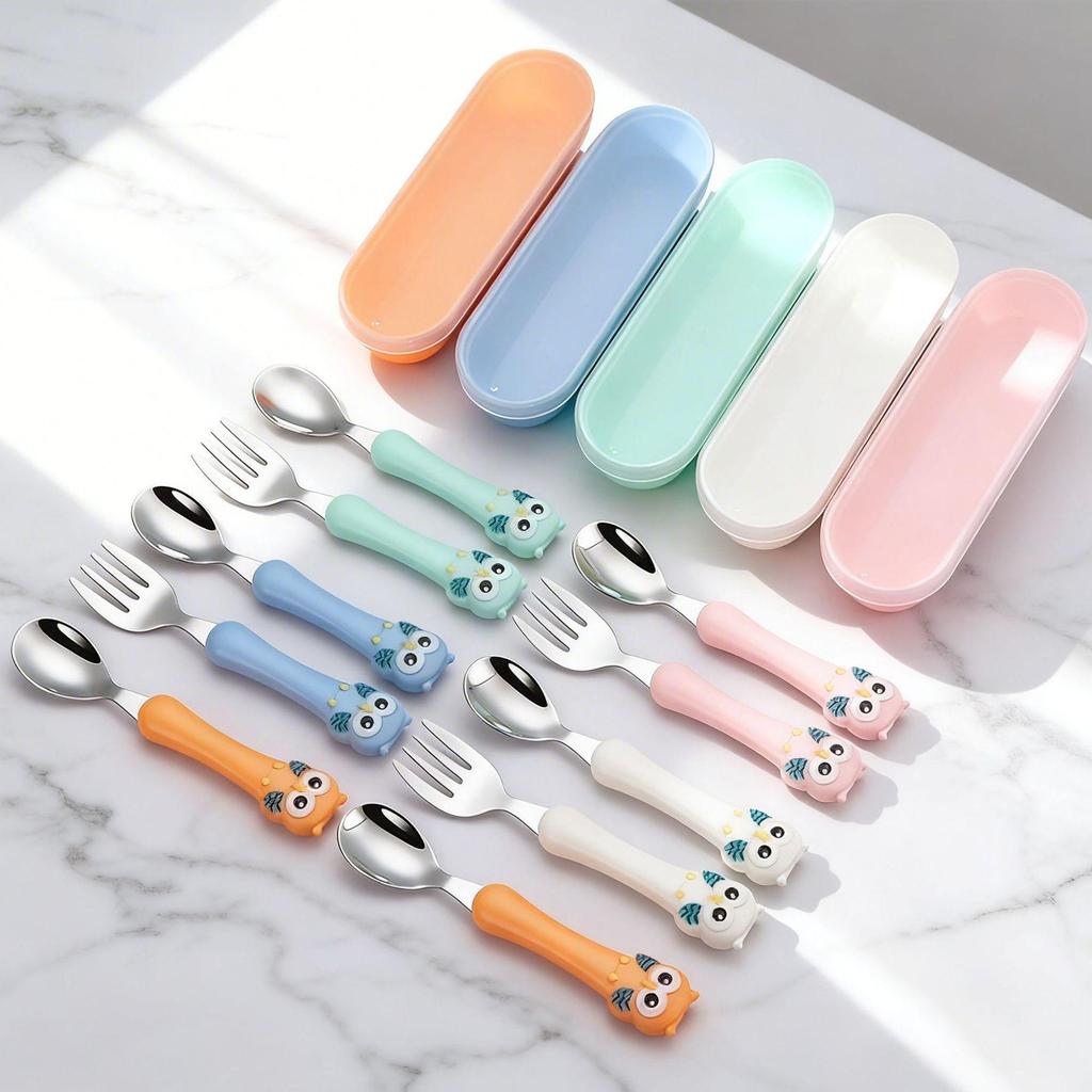 304 Stainless Steel Children's Owl Cutlery Set – Knife, Fork, Spoon for Baby Feeding