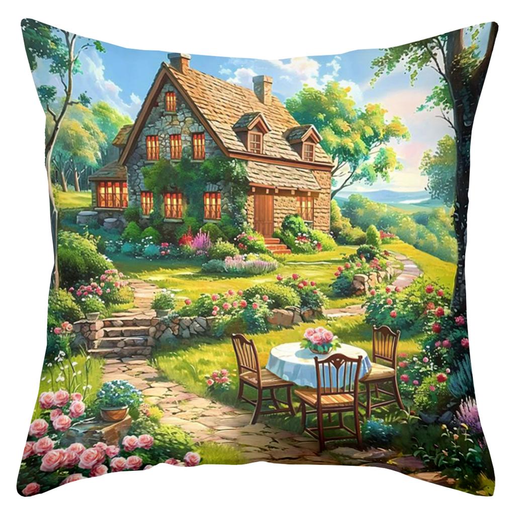 Enchanting Garden Scene Printed Cushion Covers Decor Accents Polyester Pillowcase, Sofa Decorative Cushion Cov Headboard Pillow