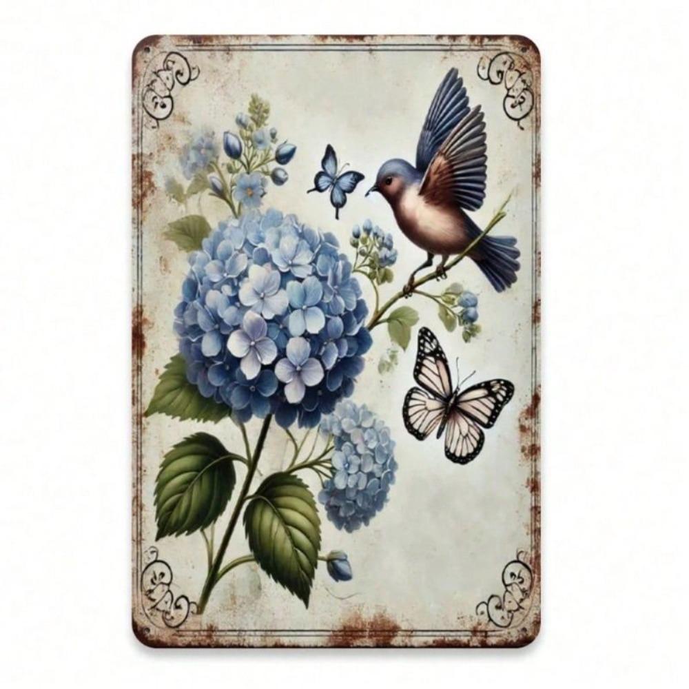 Retro Metal Sign Hydrangea Bird Butterfly Wall Art Home Decor