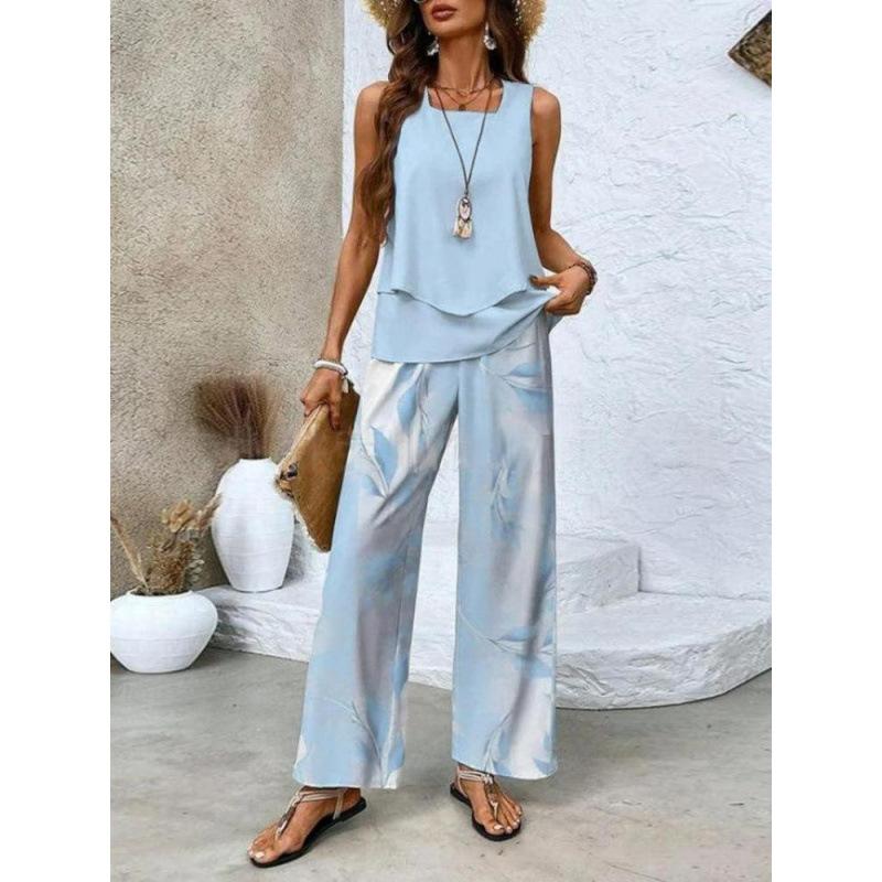 Women's Loose Fit Two Piece Outfit Sleeveless Tank Top High Waist Wide Leg Pants Set With 3D Abstract Print For Casual Summer Daily Wear