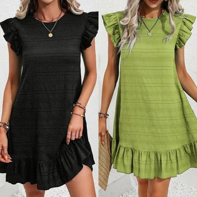 Women Summer Ruffles Fly Sleeve Loose Solid Color Holiday Above Knee Length One Piece Dress