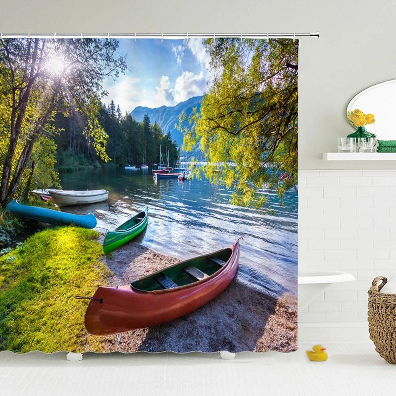 Green Scenery Shower Curtain with Hooks, Waterproof Bathroom Partition, Weighted Bottom Reinforced Eyelets & Easy To Clean