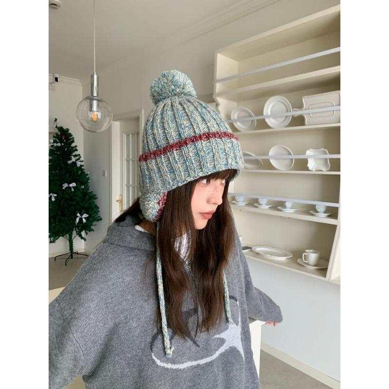 Fashion Knit Hat With Ear Flaps Tie Pom Pom Warm Winter Hat