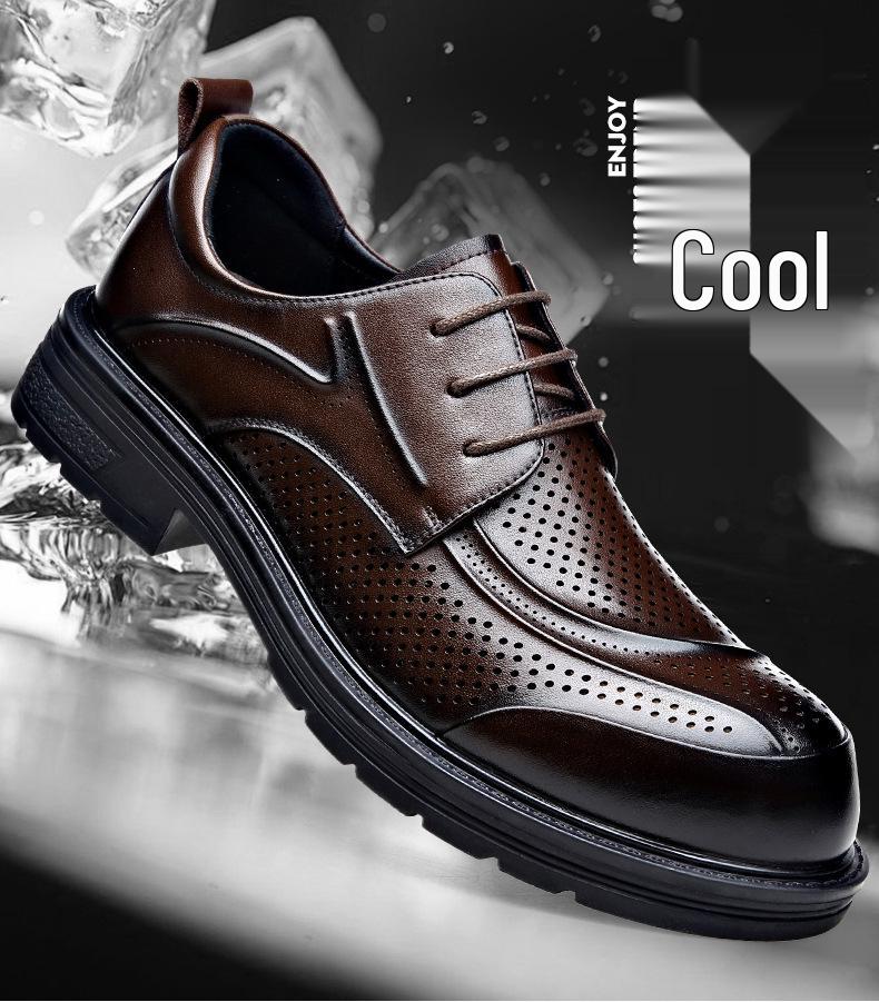 Men's Summer Breathable Lace-Up Leather Shoes - Versatile, Comfortable, Trendy, Perforated, Thick Sole Casual Footwear.