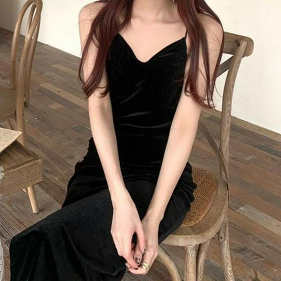 Women's Mid-Length Black Gold Velvet Slit Camisole Dress - New Spring Style