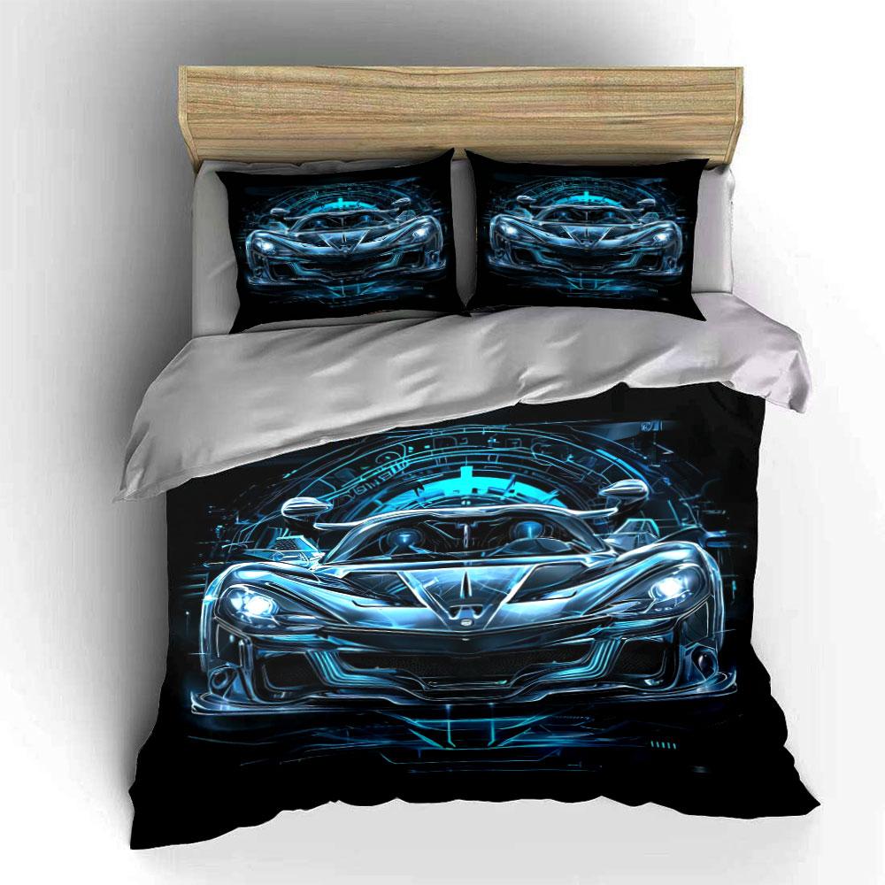 Cyberpunk Neon Blue Hypercar Bedding Set, Futuristic Tunnel Glow Sports Car Front View Print Metallic Cool Microfiber Bed Cover
