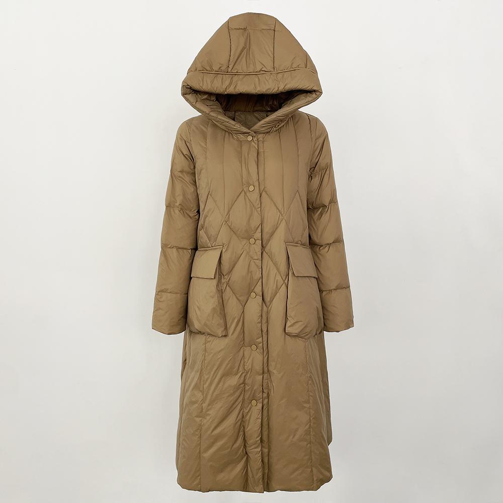 

OFTBUY Зимняя повседневная утепленная куртка-пуховик в корейском стиле с капюшоном, женская длинная куртка-пуховик с наполнителем из 90% белого утиного пуха XL хаки