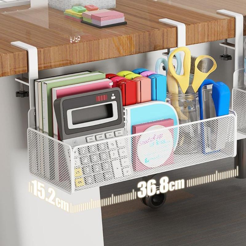 Space Saving Under Desk Basket Easy Install Under Desk Hanging Organization Basket Sturdy Carbon Steel Holder