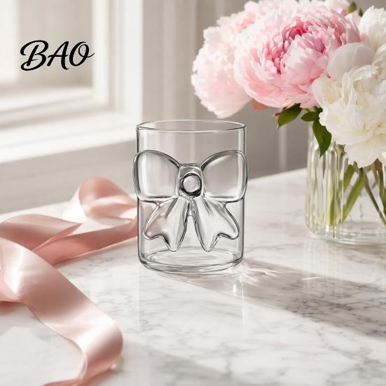 Hot And Cold Resistant Cup Bow Glass Cup, Breakfast Milk Coffee Mug, 300ml Whiskey Tumbler for Home Bar Glassware Juice, Heat Tea Decor Gift