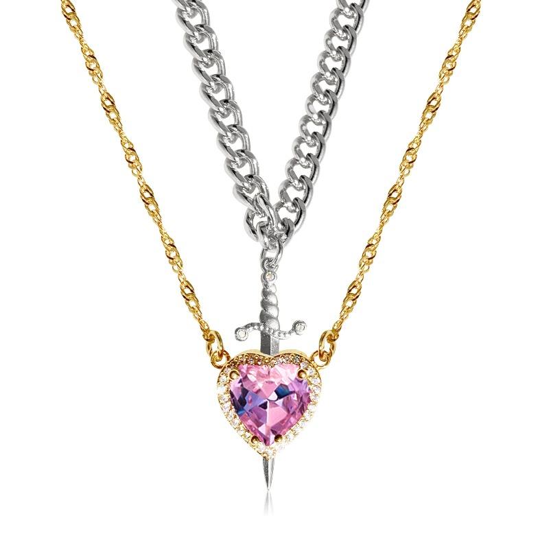 Crystal Heart-shaped Dagger Pendant Layered Necklace Design-inspired Collar Chain for Women