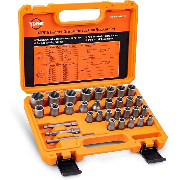 Набор экстракторов для болтов, 32-компонентный набор Easy Out для извлечения болтов, Набор экстракторов для сорванных болтов для удаления поврежденных, заклинивших, ржавых, с сорванной головкой болтов, гаек и 32-piece