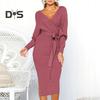 Women Fall Winter Dress V Neck Lace Up Belted Tight Waist Solid Color Knitted Elastic Mid Calf Length Long Sleeve Slim Fit Lady Commute Dress