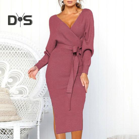 Women Fall Winter Dress V Neck Lace Up Belted Tight Waist Solid Color Knitted Elastic Mid Calf Length Long Sleeve Slim Fit Lady Commute Dress
