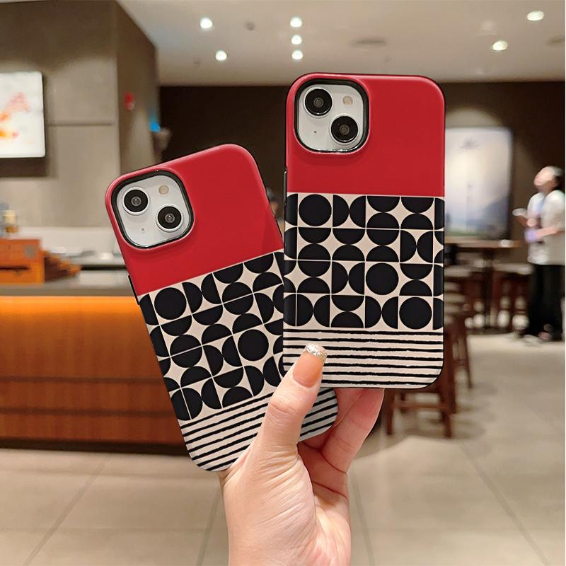 Aesthetic Modern Retro Red Black Geometric Half Circle Striped Film Art Protective Shockproof Bumper Shell Phone Case For iPhone 14 15 16 Pro Max Plus