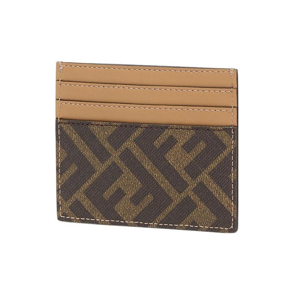 FENDI Classic Double F Logo Contrast-Striped Calfskin Card Holder for Men in Brown
