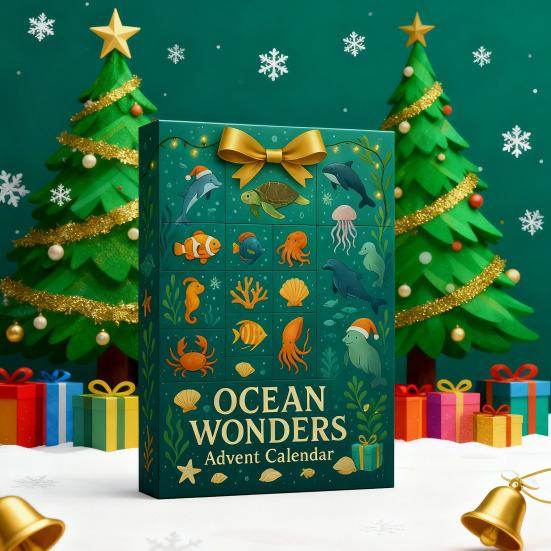 Sea Glass Marine Life Advent Calendar 2025 24 Days Christmas Countdown Calendar with 24 Realistic Ocean Ornaments Seaside Decor for Kids Collectors