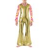 Boys Disco Costume Patchwork Printed Design Shiny Metallic Lapel Collar Long Flare Sleeve Bell Bottomed Pants Jumpsuit