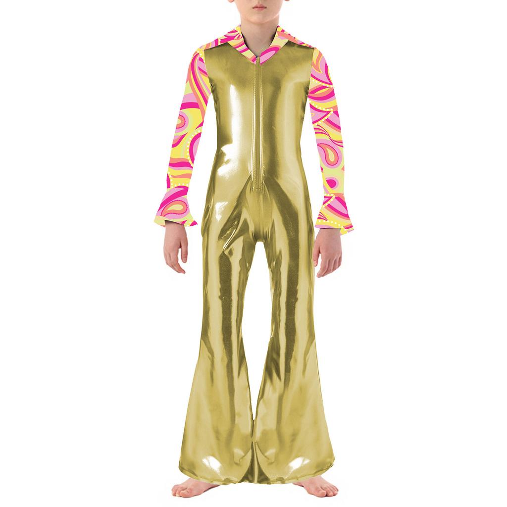 Boys Disco Costume Patchwork Printed Design Shiny Metallic Lapel Collar Long Flare Sleeve Bell Bottomed Pants Jumpsuit
