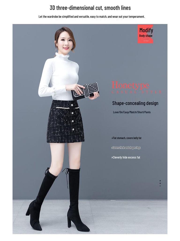 2025 Korejský styl Sukně áčkového střihu z tvídu s vysokým pasem a kostkovaným vzorem pro ženy - Podzimní/zimní krátká zeštíhlující sukně