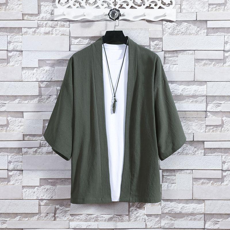 

Мужской летний тонкий хлопково-льняной ханьфу-халат - китайский стиль, короткий рукав, дзен-плащ M зелёный