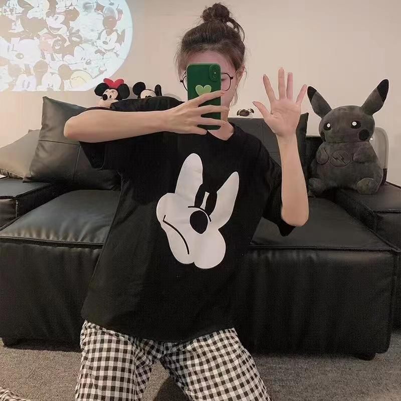 Cartoon Mickey Korean Plaid Control Pajamas Women's Summer Simple Casual Round Neck Short-sleeved Loungewear Suit Can Be Worn Outside