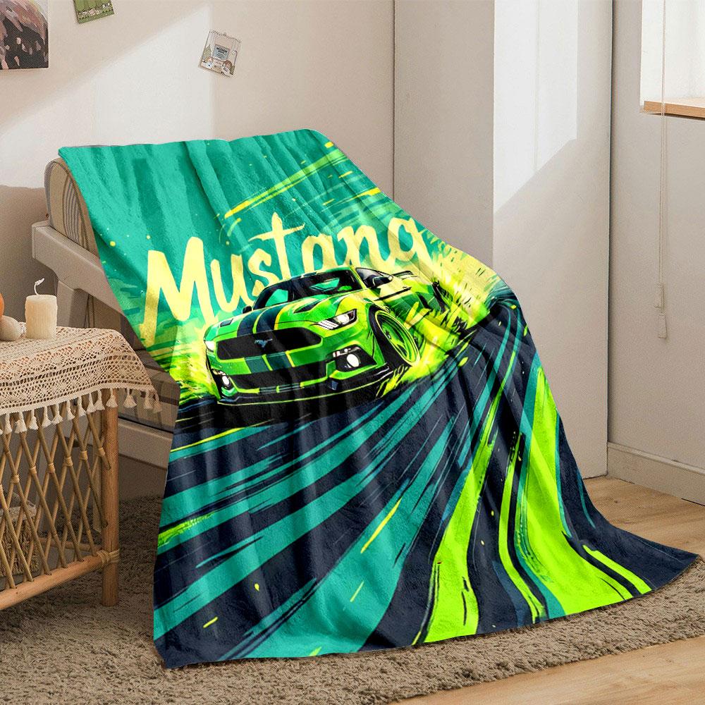 Green Mustang Drifting with Dynamic Streaks and Bold Typography Design. for All Seasons Blanket Lunch Break Throw Gift