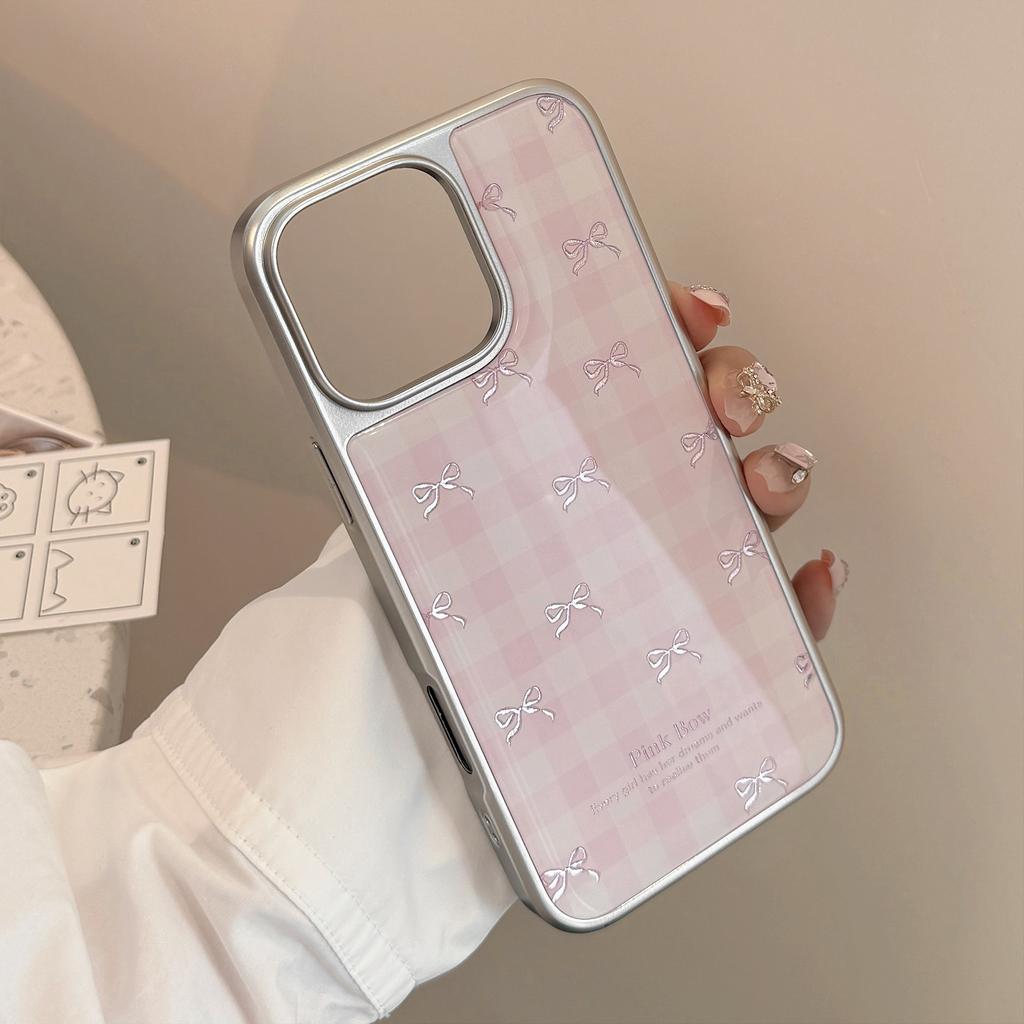 Gilt Gold Is Suitable for Apple 17promax Mobile Phone Case Iphone16 Pink Plaid Bow 13 Electroplated High-quality Mobile Phone Case