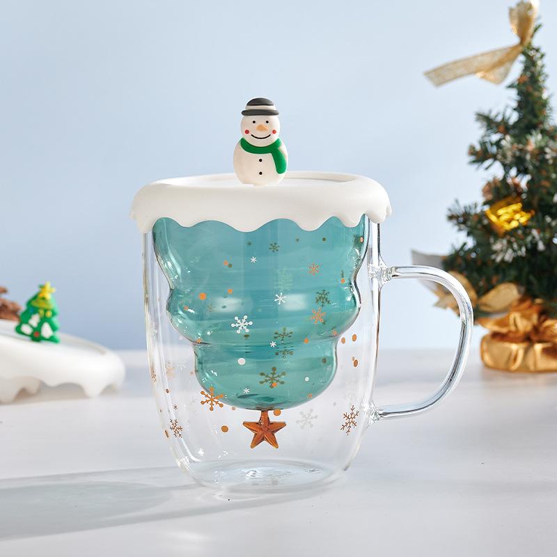 YWDL Creative Christmas Tree Glass Cup With Lid Coffee Mug Double Wall Transparent Coffee Milk Mug Christmas Gifts Cups For Girl