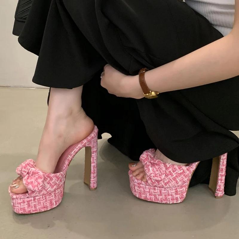 Streetstyle Sommer Zehenfrei Schleife Damen Hausschuhe Mode Plateau Quadratische Absätze Pantoletten Damenschuhe