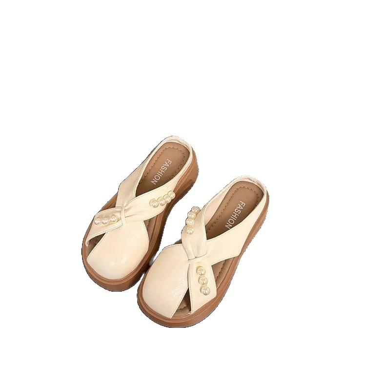 Baotou Slippers Women's 2025 New Summer Pearl Fashion Thick Bottom Heightening Design Sense One Pedal Lazy Cool Slippers