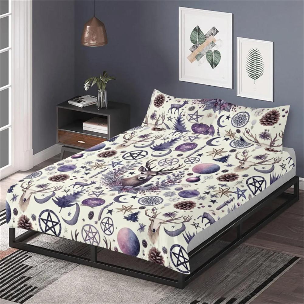 Cottagecore Winter Deer Forest 3 Pcs Beddings Pine Christmas Bedroom Decor Purple Holiday Vibe Duvet Cover Pillowcase Set