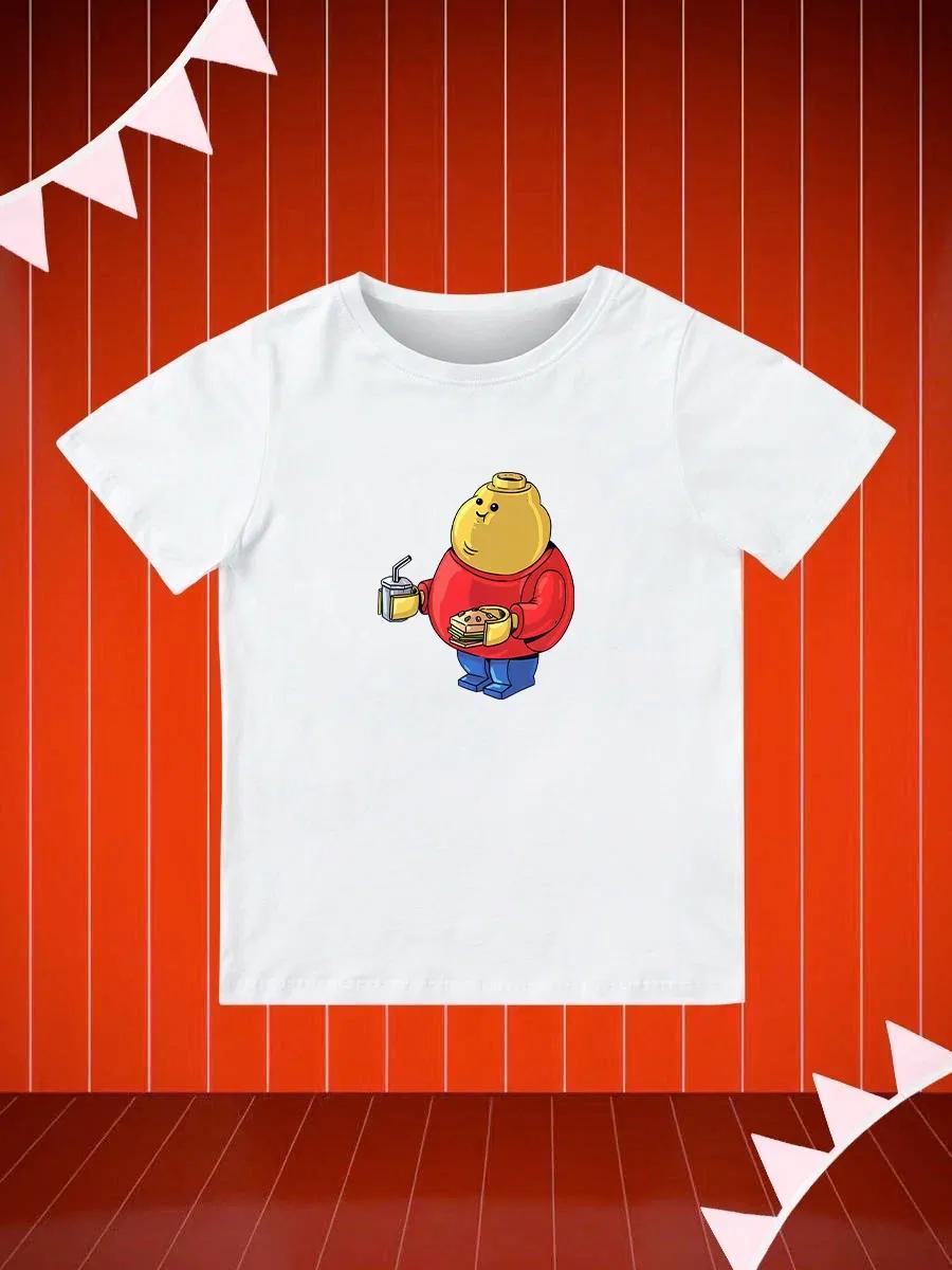 Round Neck Printed Pattern Pullover Short Sleeve Kids Tops Lego Minifigure 140
