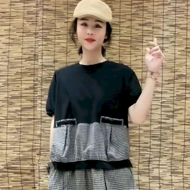 Sommer Trend T-Shirts Sets Damen Koreanischer Stil Persönlichkeit Tasche Kariert Kurzarm T-Shirt Lässige Hose Baggy Hose 2-teiliges Set