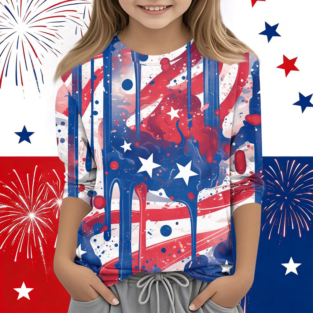 Print Tops For Youth Girls Round Neck 3/4 Sleeves T-Shirts Trendy Tops Outfit Tees Independence Day